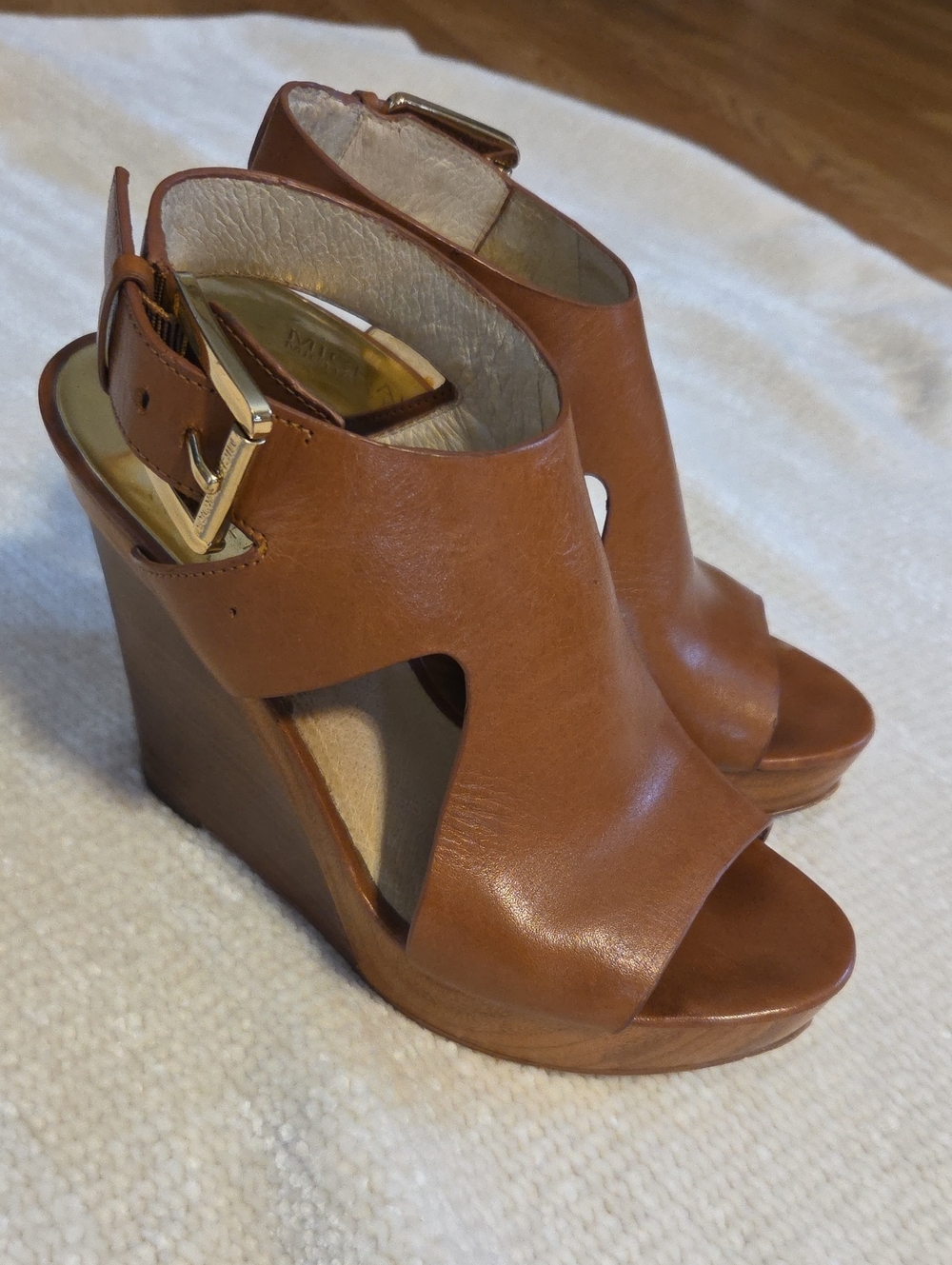 MICHAEL Michael Kors Cognac Open-Toe Leather Wedge Sandals with Gold Buckle